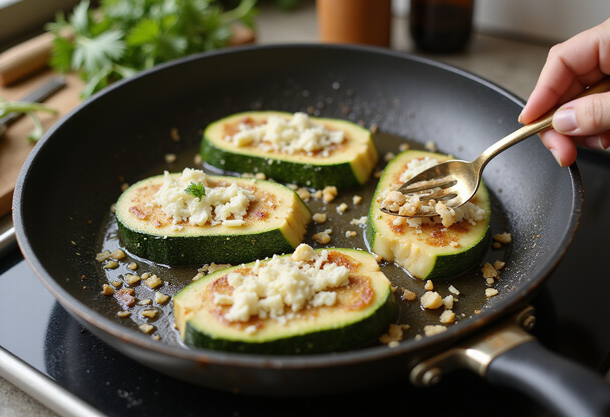 Cheese being added to sizzling zucchini steaks in a skillet, creating the perfect Cheesy Garlic Zucchini Steaks.