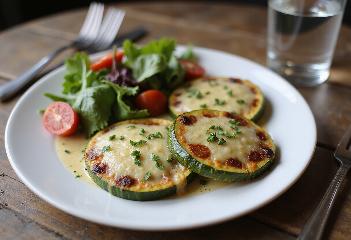 Plated Cheesy Garlic Zucchini Steaks garnished with herbs, showcasing a delicious and healthy meal alongside a fresh salad.