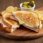 Enjoy a delicious cheesy ham toaster sandwich, perfectly plated with fresh ingredients.