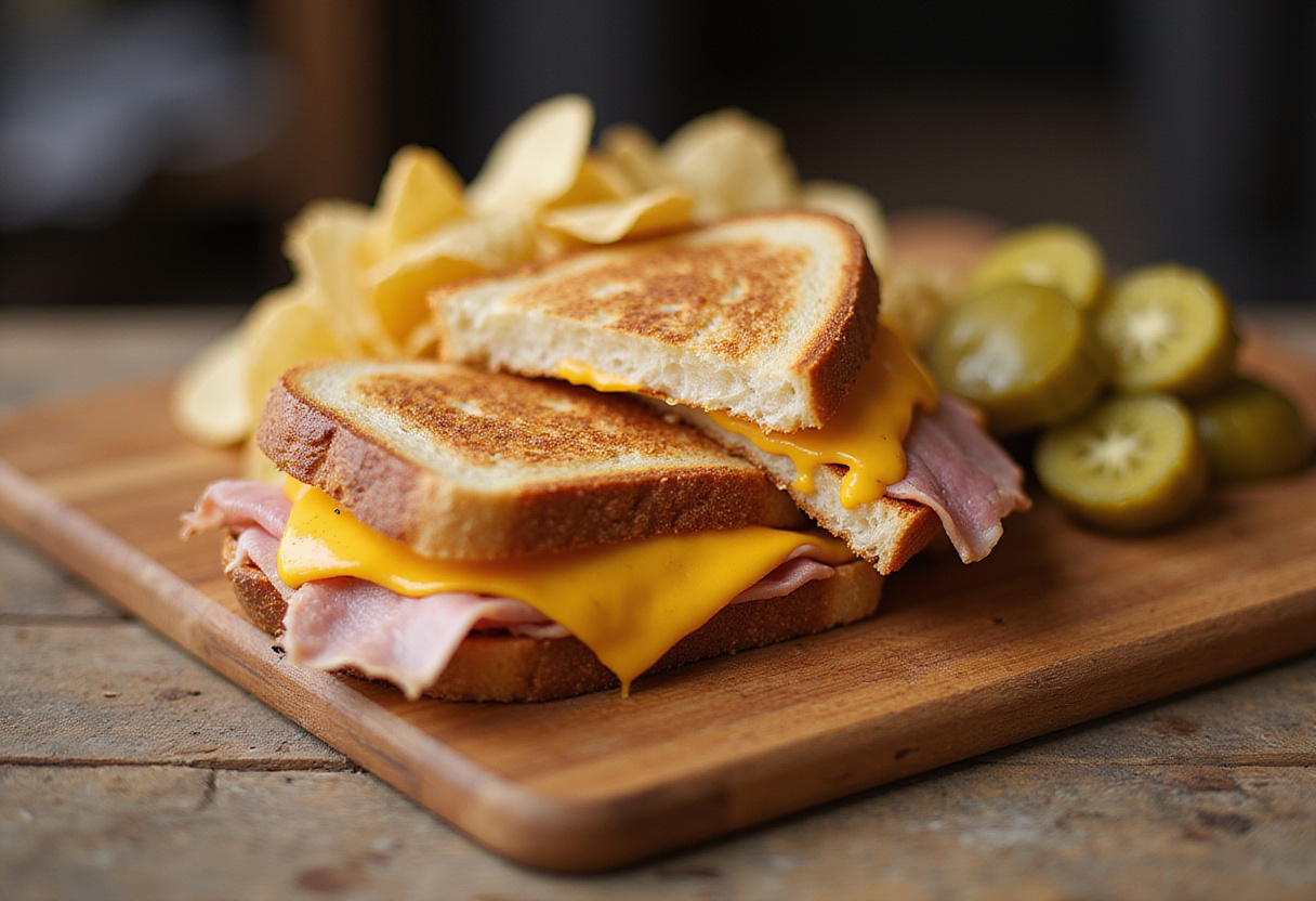 Enjoy a delicious cheesy ham toaster sandwich, perfectly plated with fresh ingredients.