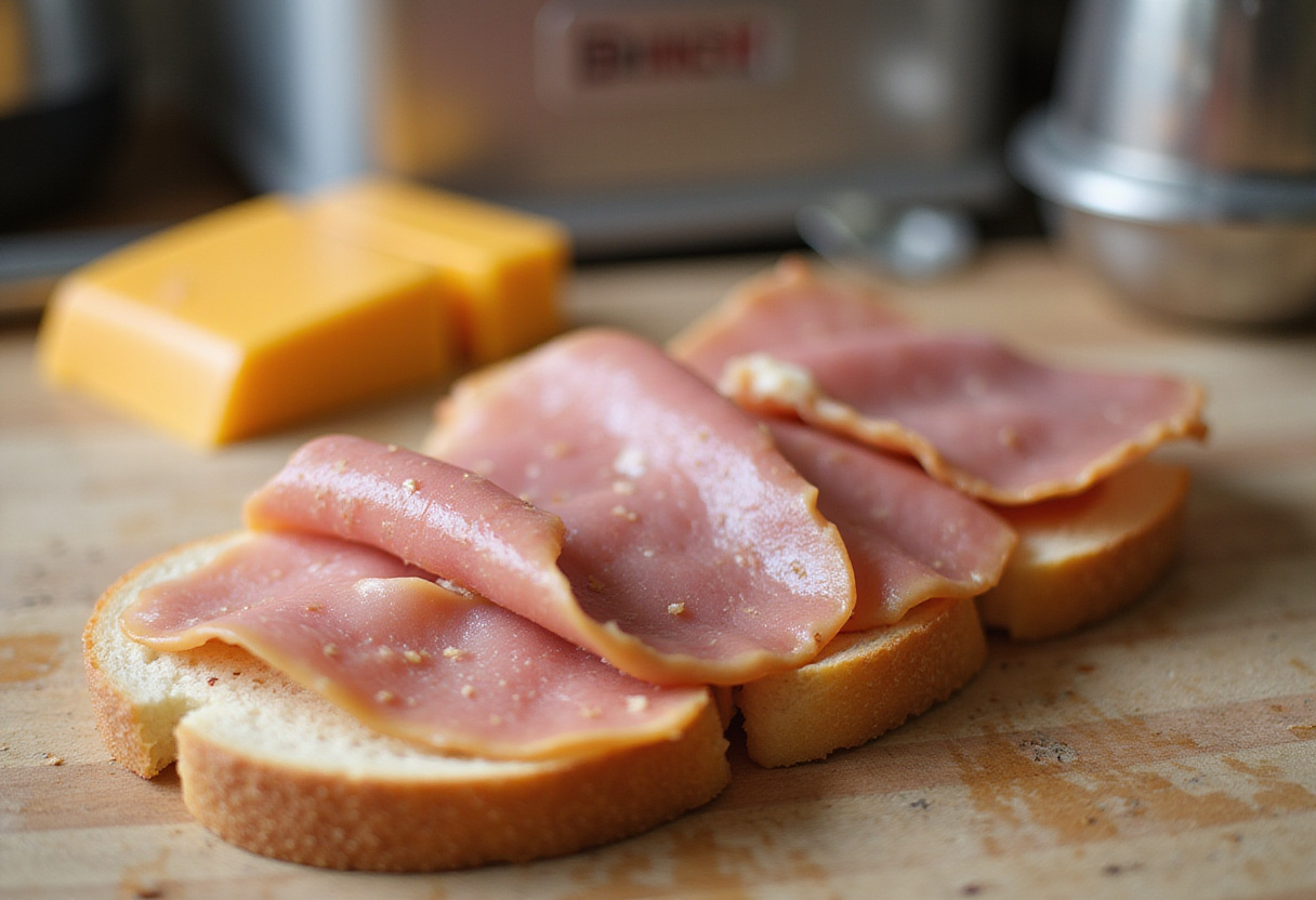 Prepare cheesy ham toaster with fresh ham slices and cheddar cheese in a bright kitchen.