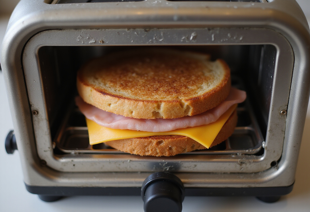 Toast your cheesy ham sandwich in a toaster for a deliciously melted cheese experience.