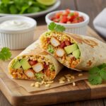 Delicious Chicken Avocado Ranch Burrito, beautifully presented, garnished with cilantro and accompanied by ranch dressing.