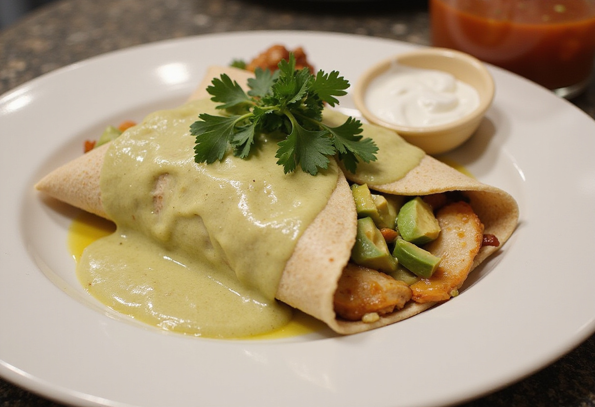 Delicious Chicken Avocado Ranch Burrito, beautifully presented, garnished with cilantro and accompanied by ranch dressing.