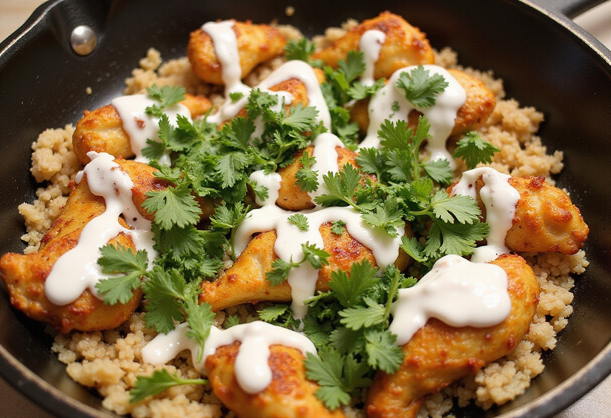 Combining ranch dressing and cilantro with cooked chicken in a skillet for flavorful Chicken Avocado Ranch Burritos.