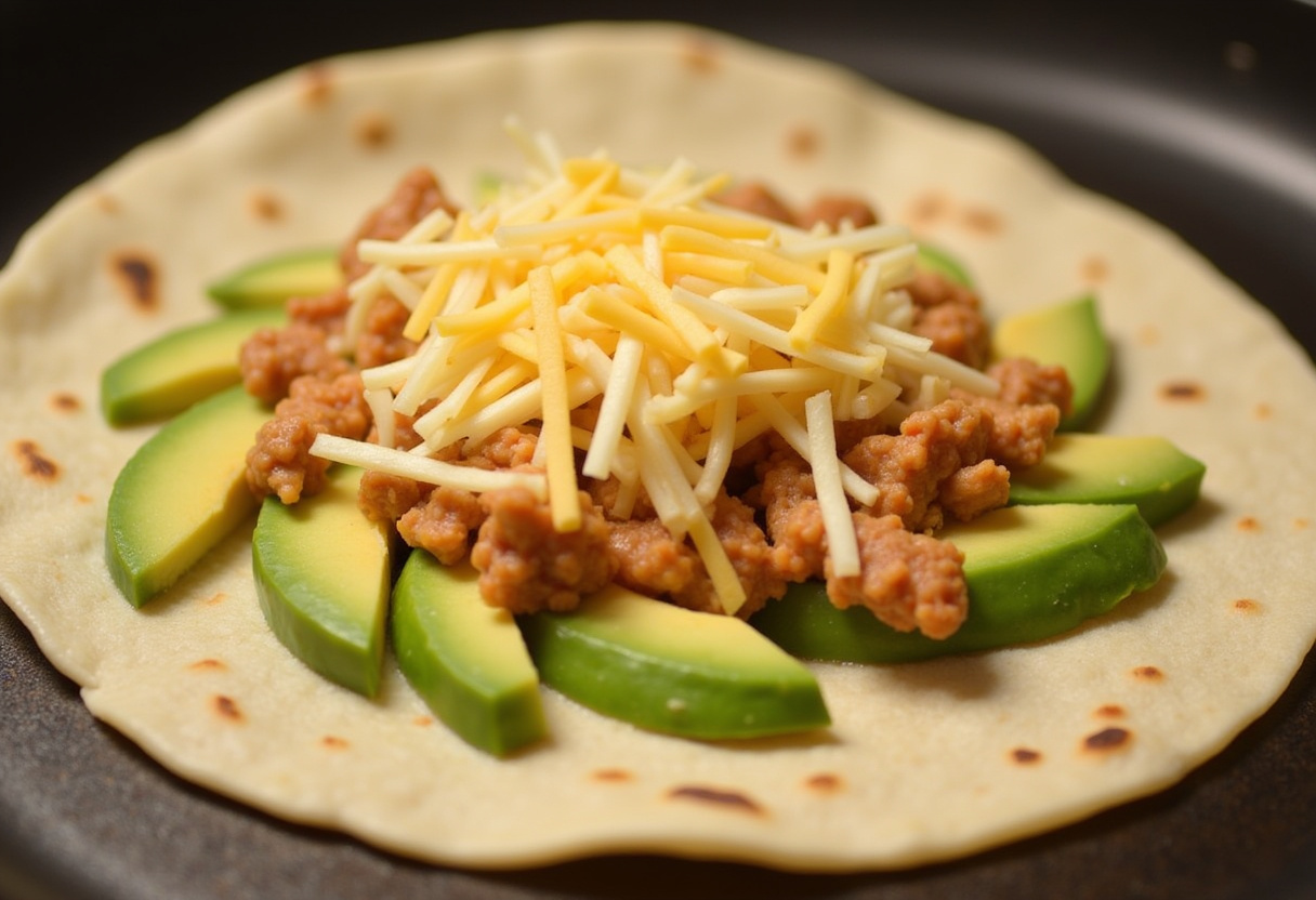 Preparing a tortilla on a griddle, adding avocado slices and chicken mixture for delicious Chicken Avocado Ranch Burritos.