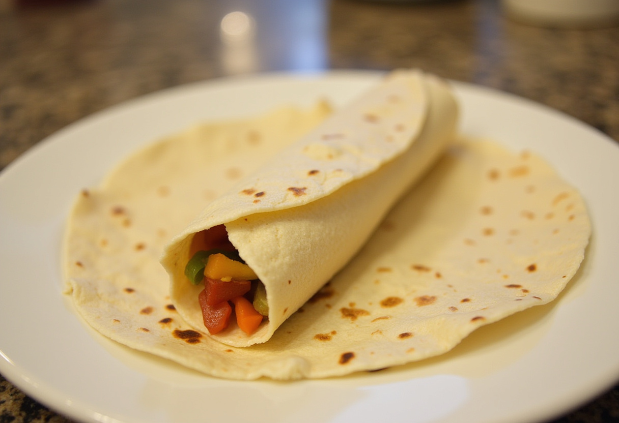Rolling the tortilla tightly for Chicken Avocado Ranch Burritos, ensuring the filling is secure for serving.