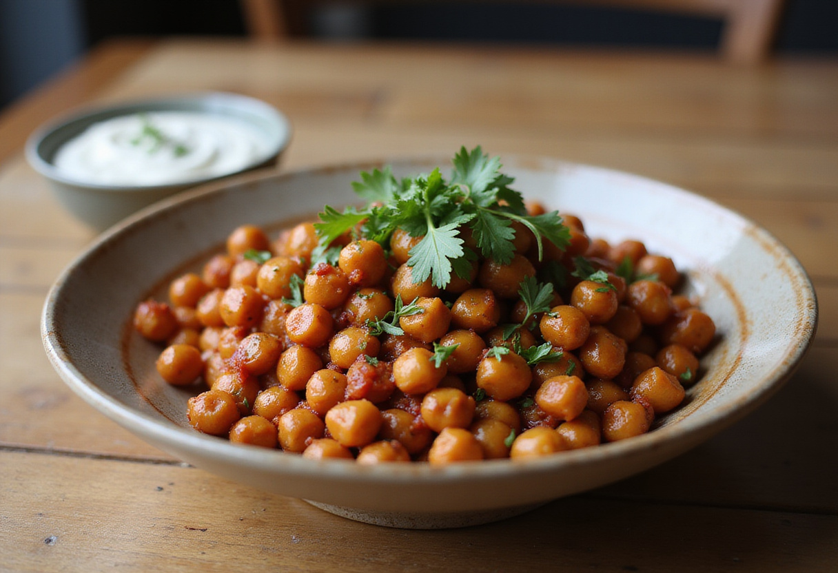 Delicious chili roasted chickpeas served in a bowl, garnished and ready to enjoy. Healthy snack recipe presentation.