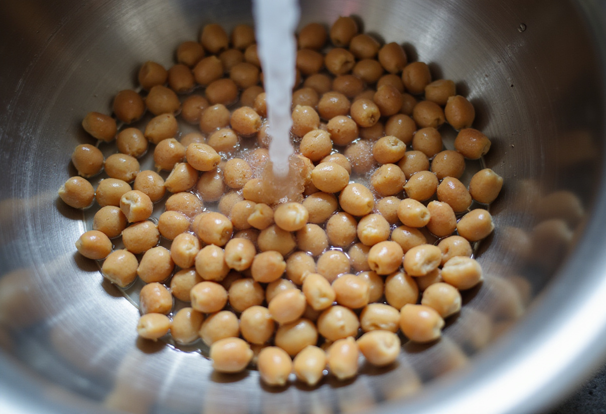 Fresh raw chickpeas rinsed under water, preparing for chili roasted chickpeas recipe. Healthy legume preparation.