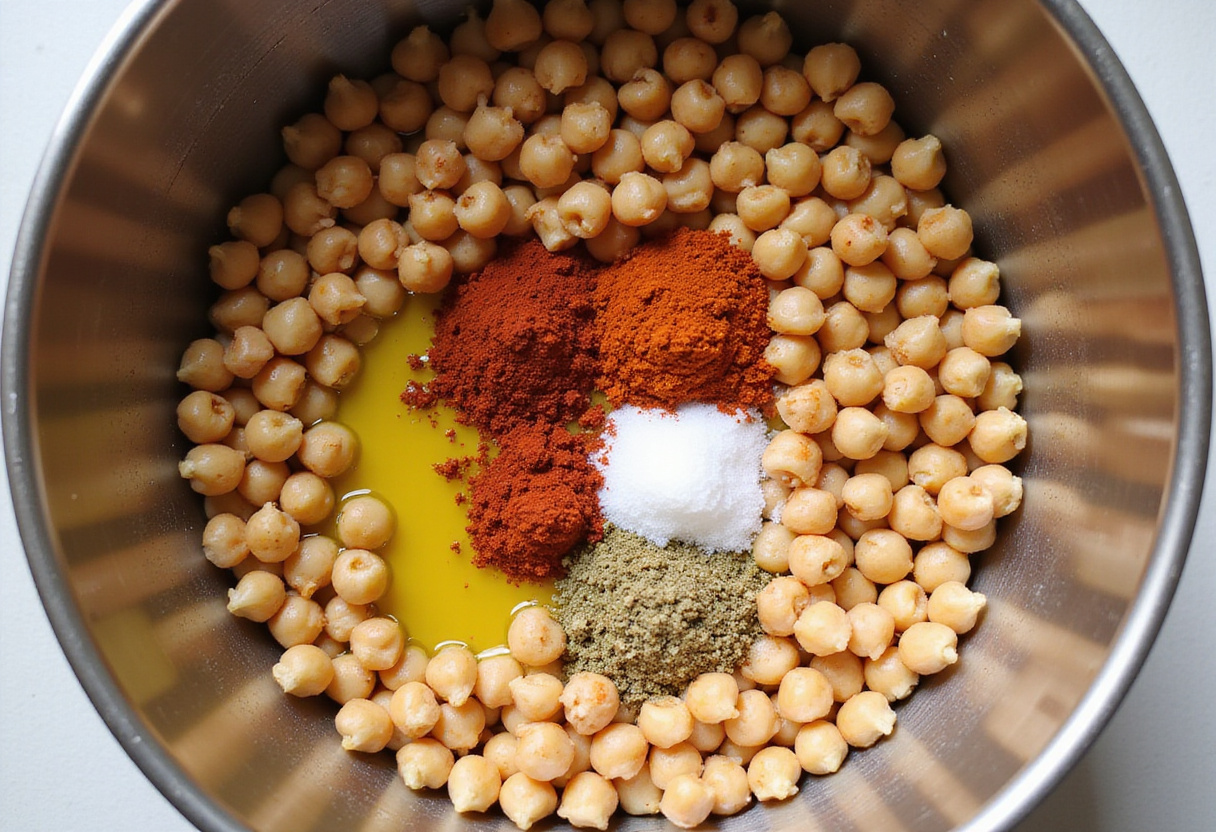 Chickpeas tossed with olive oil and spices for chili roasted chickpeas. Colorful seasoning in preparation.