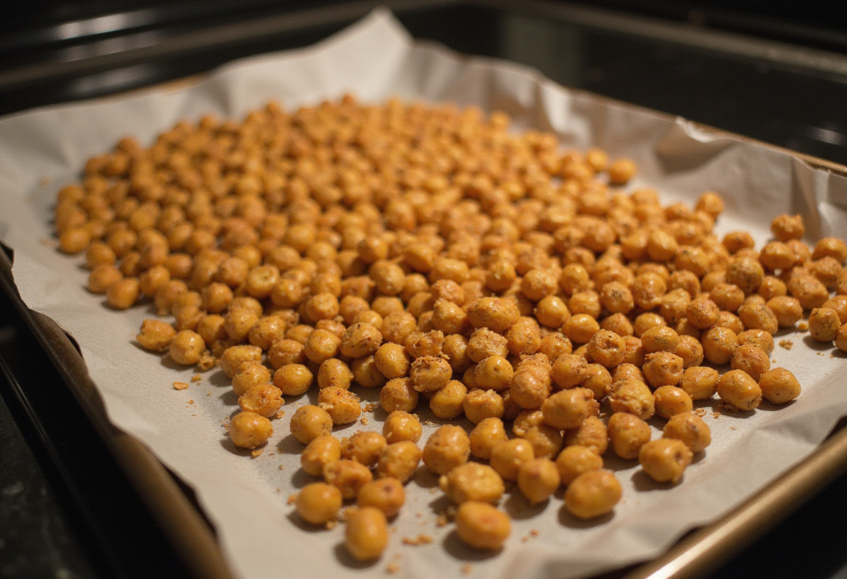 Chickpeas spread on a baking sheet, ready for roasting to create crispy chili roasted chickpeas. Oven preparation scene.