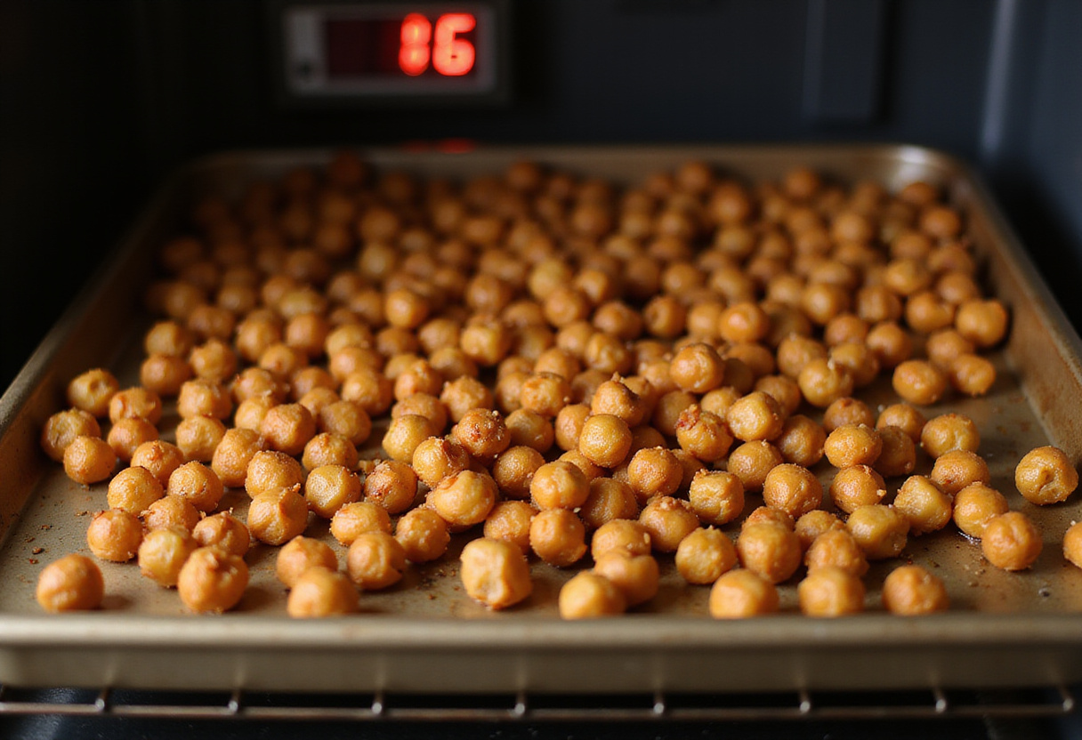 Crispy golden brown chili roasted chickpeas just removed from the oven. Perfectly roasted snack preparation scene.