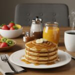 Final display of Cinnamon Roll Pancakes served with fresh fruit and coffee, creating a cozy breakfast scene.