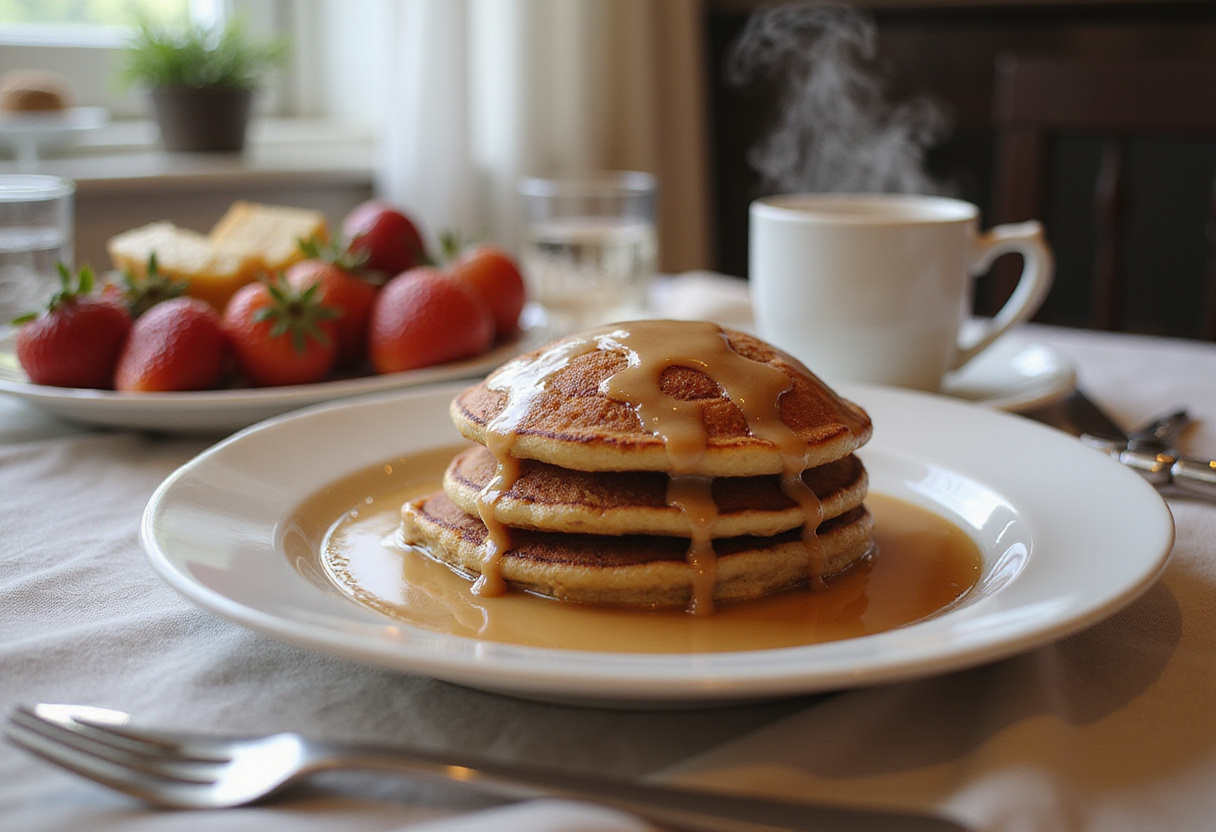 Final display of Cinnamon Roll Pancakes served with fresh fruit and coffee, creating a cozy breakfast scene.
