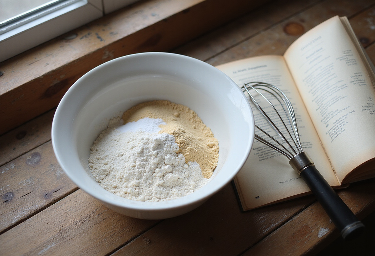 Ingredients for Cinnamon Roll Pancakes displayed on a wooden countertop, featuring flour, sugar, and baking powder, highlighting the preparation process.