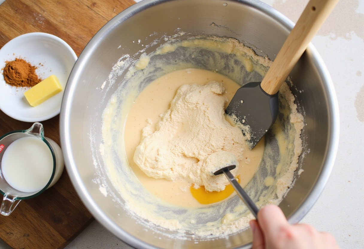 Mixing ingredients for Cinnamon Roll Pancakes in a bowl, showcasing batter preparation alongside cinnamon and melted butter.