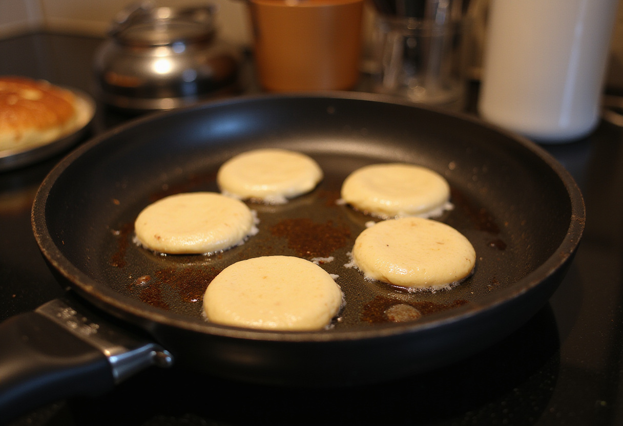 Pancakes cooking on a stovetop, displaying the process of making delicious Cinnamon Roll Pancakes with enticing golden brown edges.