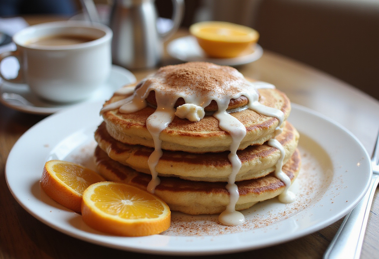 Fluffy Cinnamon Roll Pancakes plated and served with icing and cinnamon, creating a visually appealing breakfast spread.