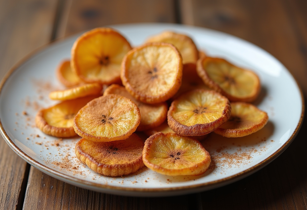 Delicious cinnamon-sugar air fryer banana chips served on a rustic plate, healthy and crispy snack display, mouthwatering presentation.