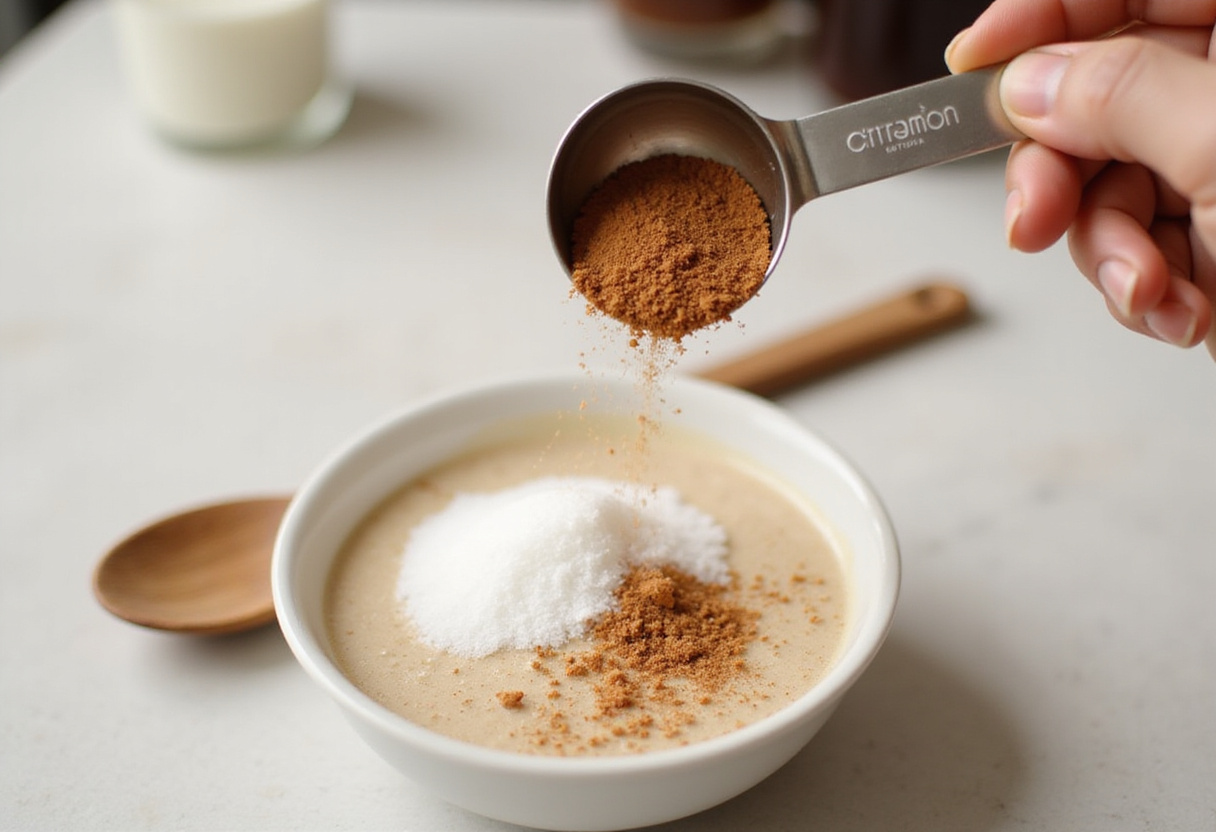 Creating a cinnamon-sugar mixture for banana chips, healthy snack seasoning in a bright kitchen, sweet and fragrant ingredients.