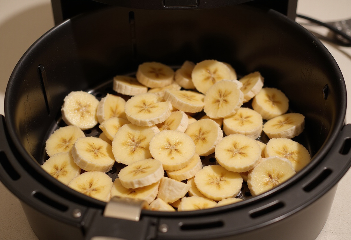 Air frying banana slices to create crunchy cinnamon-sugar chips, kitchen atmosphere showcasing healthy cooking method.