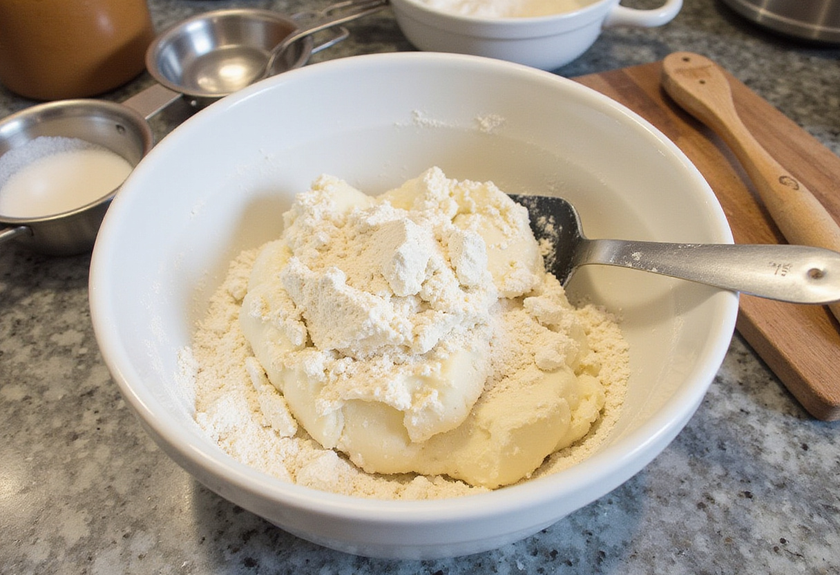 Creating dough for Copycat Subway Italian Herb & Cheese Bread with flour, yeast, and warm water for a delicious homemade experience.
