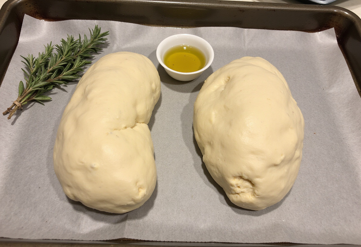 Shaping risen dough for Copycat Subway Italian Herb & Cheese Bread into loaves, preparing for baking with aromatic herbs and olive oil.