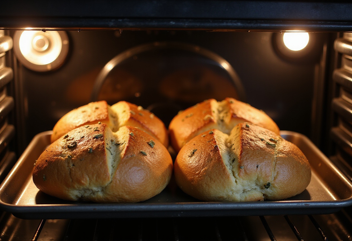 Baking loaves of Copycat Subway Italian Herb & Cheese Bread in the oven, achieving a perfect golden crust for a homemade delight.