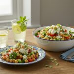 Final presentation of a vibrant cottage cheese and chickpeas salad ready to be enjoyed at the dining table.