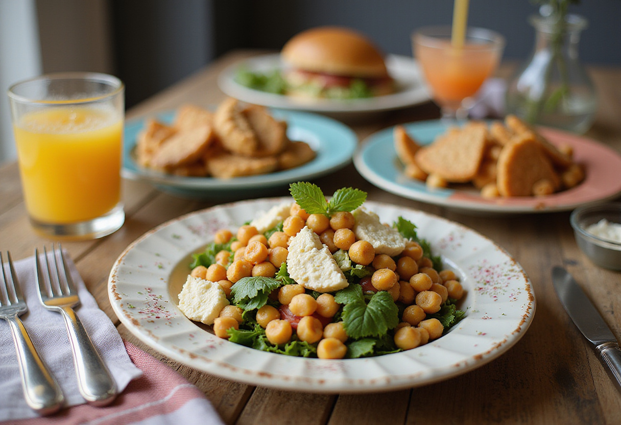Final presentation of a vibrant cottage cheese and chickpeas salad ready to be enjoyed at the dining table.