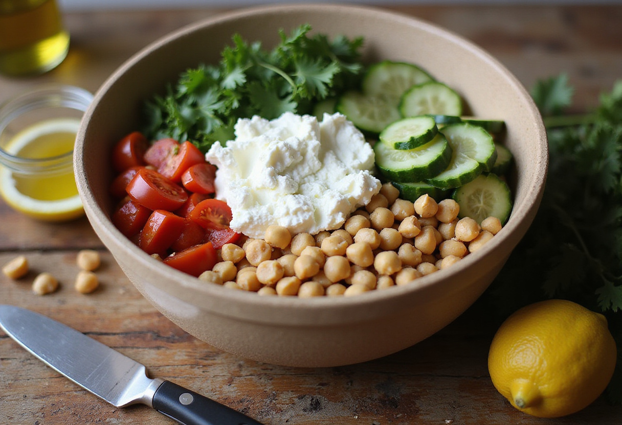 Fresh cottage cheese and chickpeas preparation for a healthy salad with cucumbers, tomatoes and olive oil.