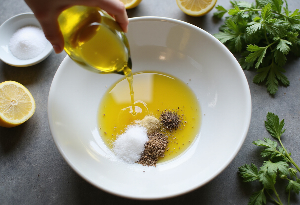 Adding lemon juice and olive oil to a cottage cheese and chickpeas salad for enhanced flavor with fresh herbs.