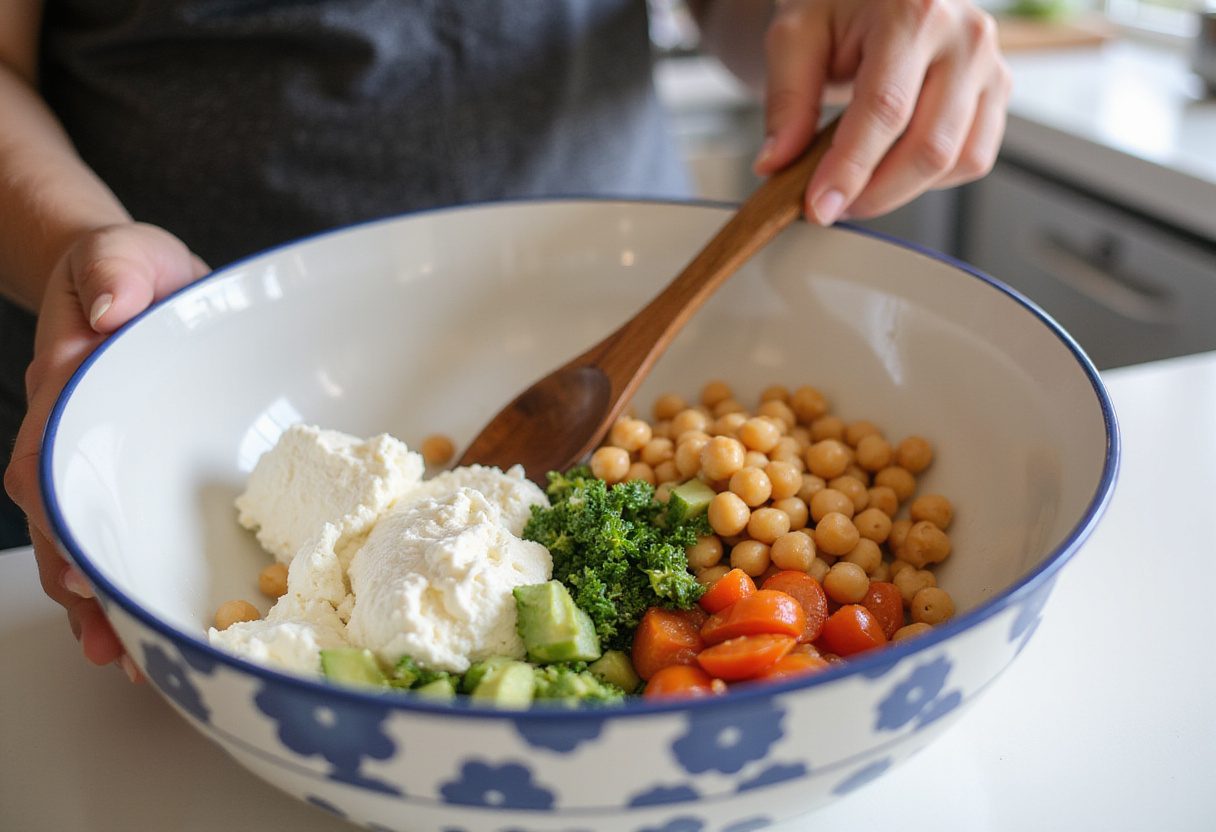 Mixing cottage cheese and chickpeas for a nutritious salad, ensuring all flavors blend together nicely.
