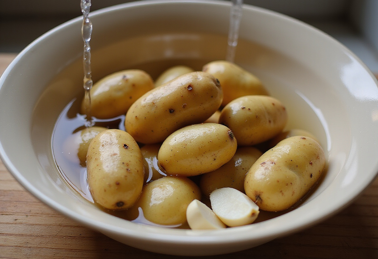 Freshly washed baby potatoes and garlic cloves for creamy garlic baby potatoes recipe.