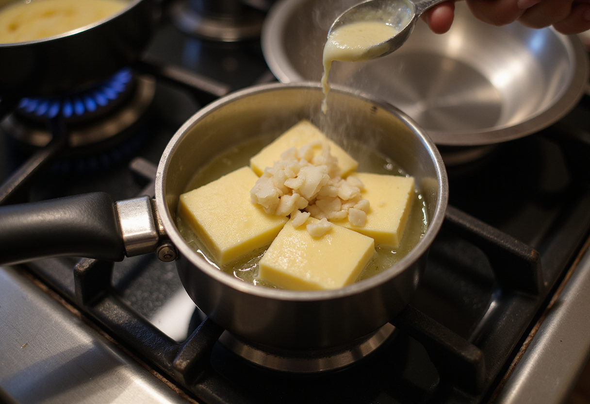 Melting butter with garlic in a pot for creamy garlic baby potatoes preparation.