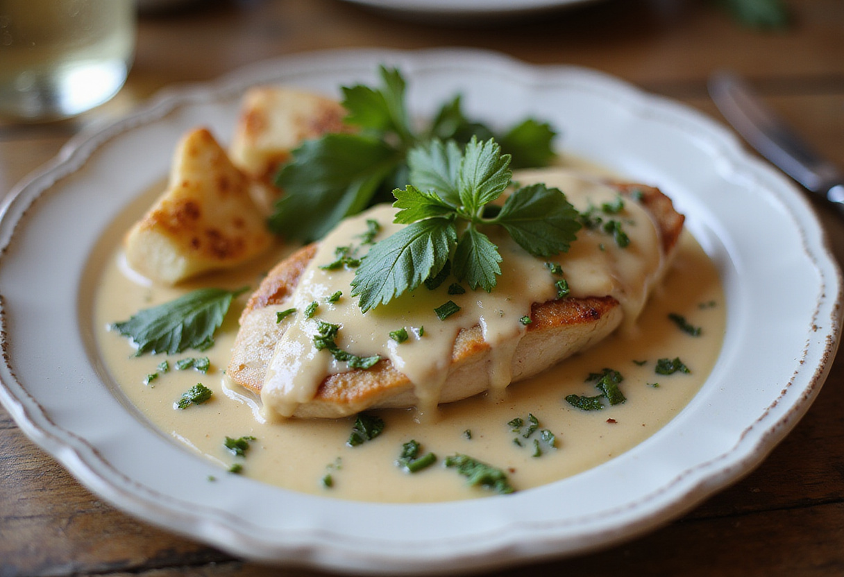 Final presentation of creamy garlic chicken with rich sauce and herbs, ideal for dinner or special occasions.