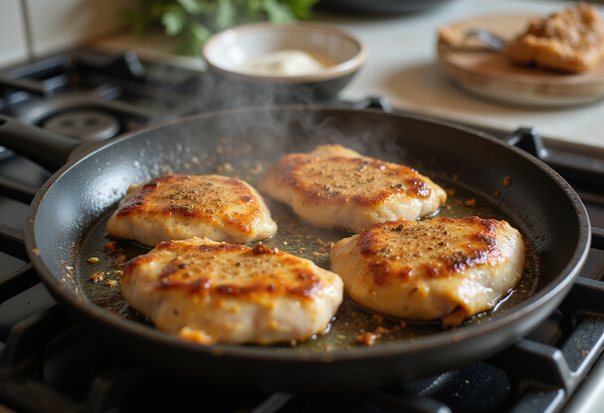 Seared chicken breasts in a pan for creamy garlic chicken, aromatic kitchen atmosphere, deliciously golden.