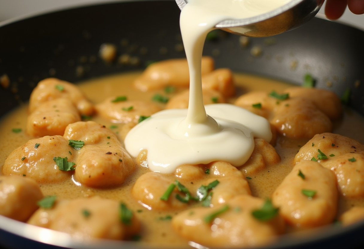 Pouring cream over seared chicken for a rich sauce, perfect creamy garlic chicken recipe in action.