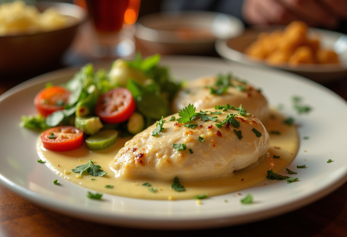 Garnished creamy garlic chicken on a plate, ready to serve with vegetables, appealing dinner setup.