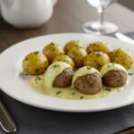 Delicious creamy herb meatballs served with roasted baby potatoes, showcasing a gourmet meal.