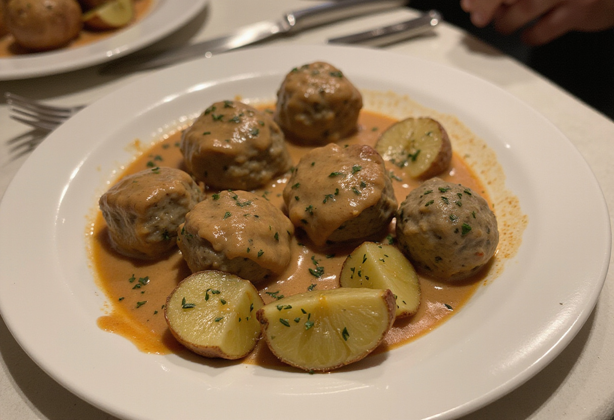 Delicious creamy herb meatballs served with roasted baby potatoes, showcasing a gourmet meal.