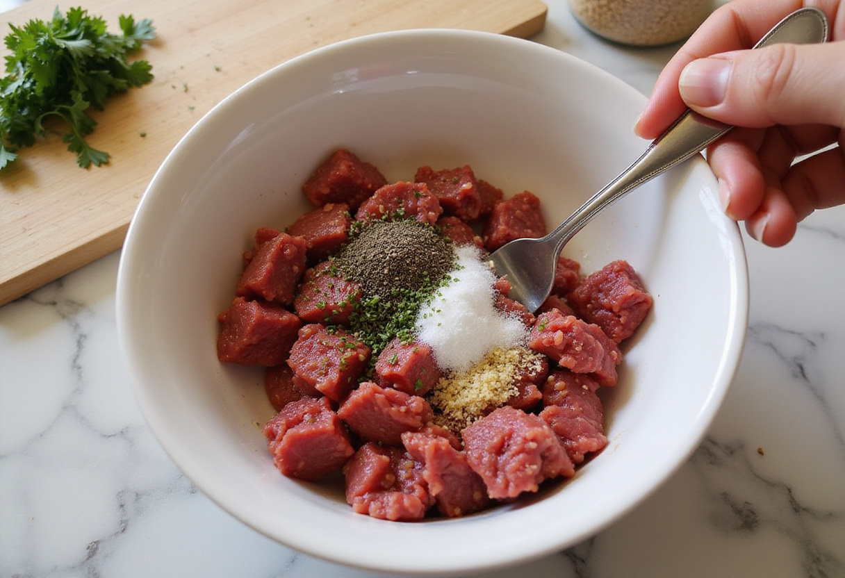 Mixing ground beef for creamy herb meatballs with garlic and fresh herbs.