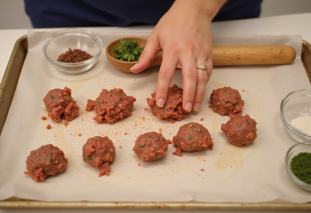 Rolling meatballs for creamy herb meatballs recipe, preparing for baking with fresh herbs.