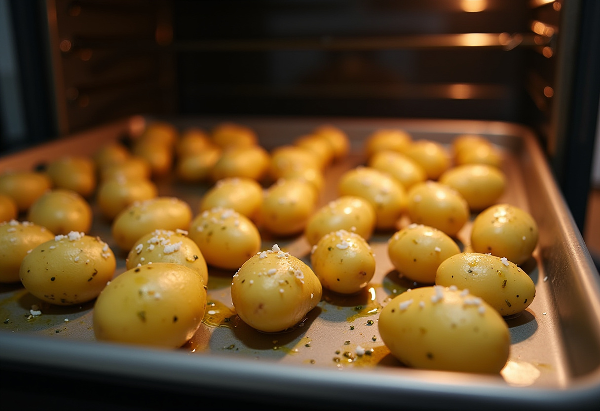 Preparing roasted baby potatoes seasoned with olive oil and herbs for the creamy herb meatballs dish.