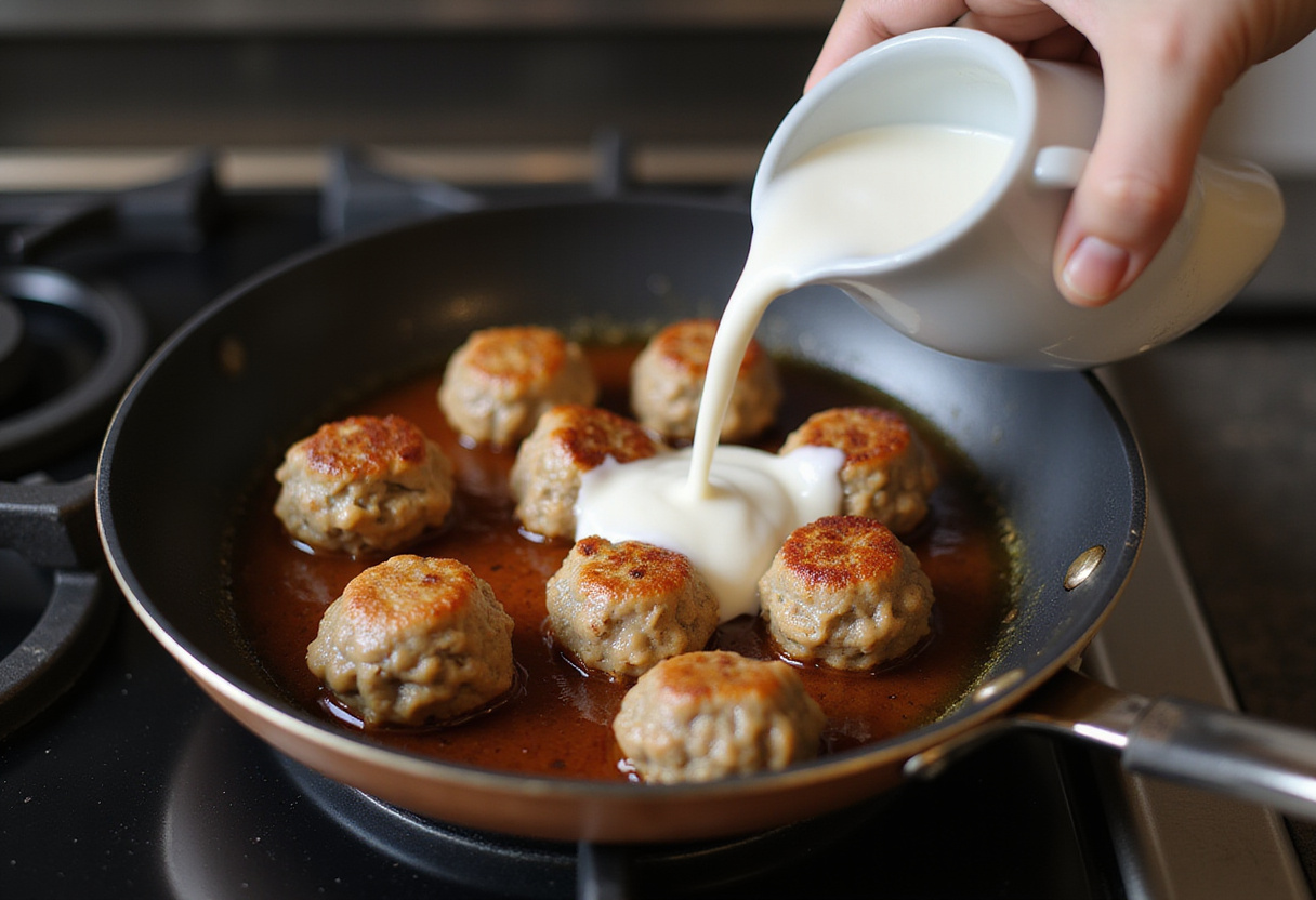 Searing creamy herb meatballs in a pan, adding cream for a rich sauce.
