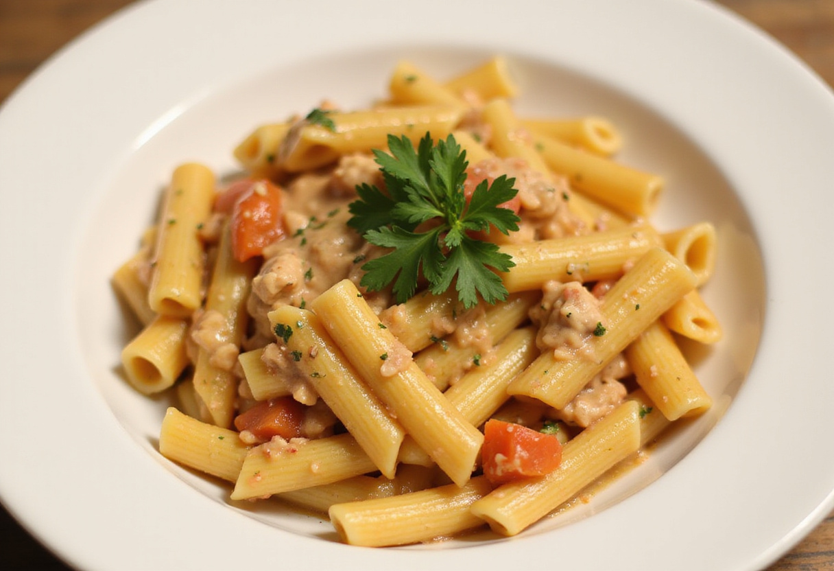 Delicious creamy Tuscan chicken penne garnished with parsley, ready to serve.