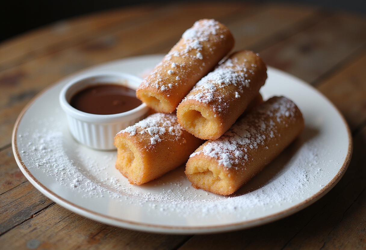 Final presentation of Crispy Deep Fried Marshmallows, featuring crispy texture and a side of chocolate sauce for dipping, highlighting the finished dessert.