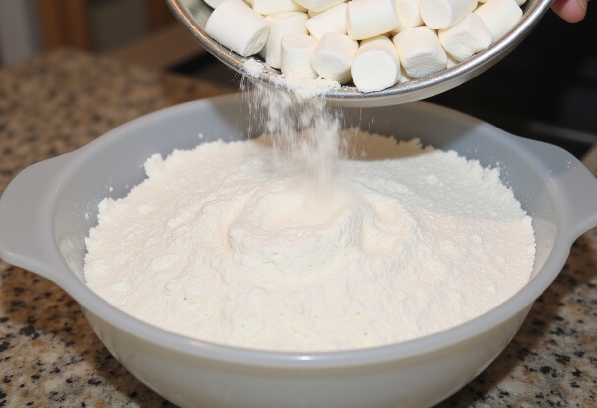 Preparation of ingredients for Crispy Deep Fried Marshmallows with marshmallows, flour, and cornstarch on the countertop.