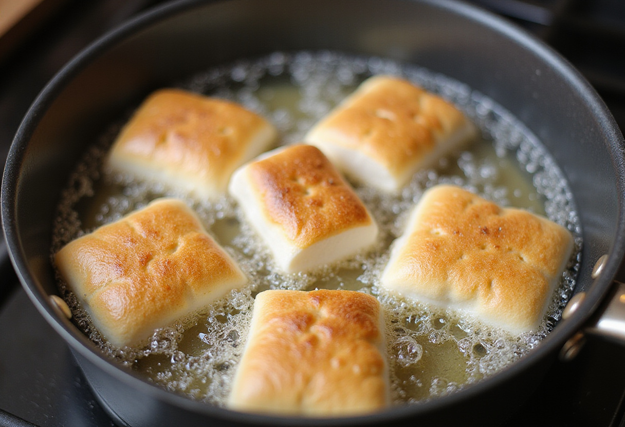 Cooking Crispy Deep Fried Marshmallows in bubbling oil, showcasing the frying process for a delicious treat.