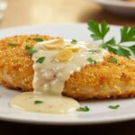 Delicious Crispy Parmesan Chicken elegantly plated with rich garlic sauce and fresh parsley, perfect for a dinner presentation.